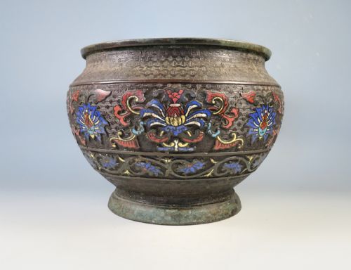 ANTIQUE CHINESE BRONZE CLOISONNE ENAMEL PLANTER BOWL - ADDITIONAL PHOTO 1