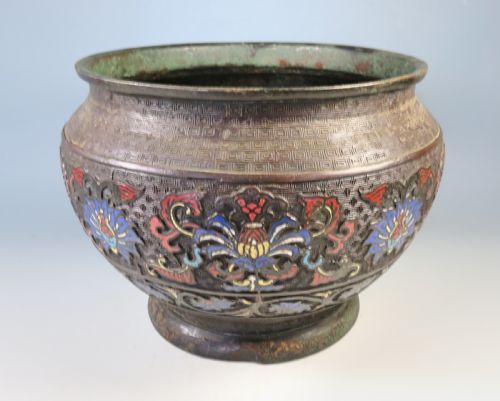 ANTIQUE CHINESE BRONZE CLOISONNE ENAMEL PLANTER BOWL - ADDITIONAL PHOTO 3
