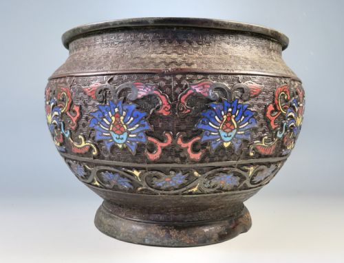 ANTIQUE CHINESE BRONZE CLOISONNE ENAMEL PLANTER BOWL - ADDITIONAL PHOTO 4