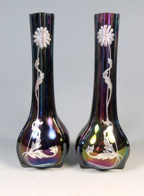 ANTIQUE PAIR LOETZ GLASS SILVER OVERLAY RUBIN MATTE VASES - ADDITIONAL PHOTO 1