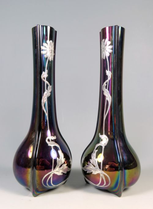 ANTIQUE PAIR LOETZ GLASS SILVER OVERLAY RUBIN MATTE VASES - ADDITIONAL PHOTO 2