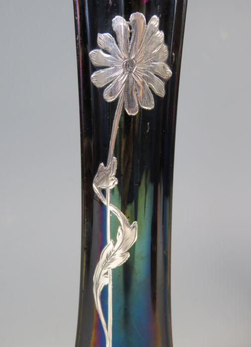 ANTIQUE PAIR LOETZ GLASS SILVER OVERLAY RUBIN MATTE VASES - ADDITIONAL PHOTO 4