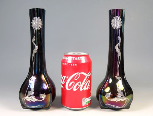 ANTIQUE PAIR LOETZ GLASS SILVER OVERLAY RUBIN MATTE VASES - ADDITIONAL PHOTO 5