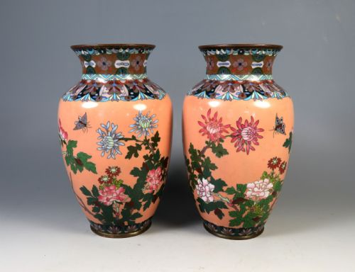 antique pair japanese cloisonne enamel vases meiji period - CATEGORY: ANTIQUE VASES - DATED 1890