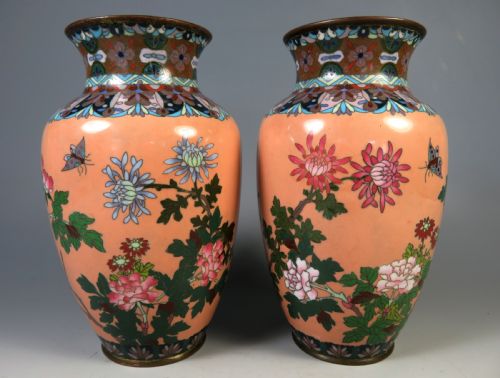 ANTIQUE PAIR JAPANESE CLOISONNE ENAMEL VASES MEIJI PERIOD - ADDITIONAL PHOTO 2