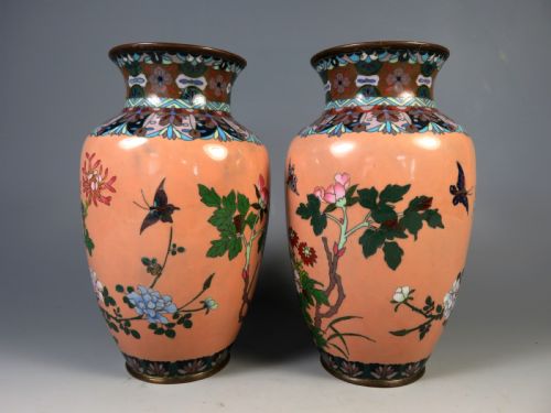 ANTIQUE PAIR JAPANESE CLOISONNE ENAMEL VASES MEIJI PERIOD - ADDITIONAL PHOTO 3