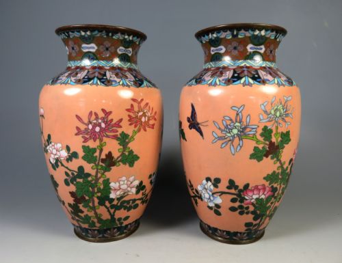 ANTIQUE PAIR JAPANESE CLOISONNE ENAMEL VASES MEIJI PERIOD - ADDITIONAL PHOTO 4