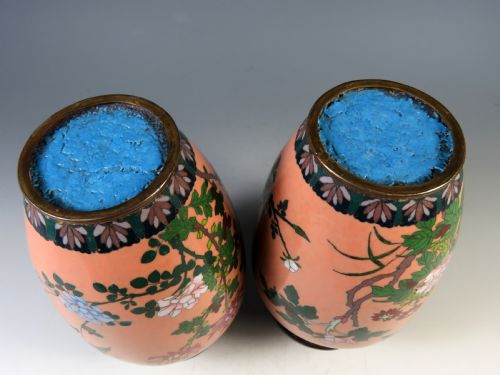ANTIQUE PAIR JAPANESE CLOISONNE ENAMEL VASES MEIJI PERIOD - ADDITIONAL PHOTO 8