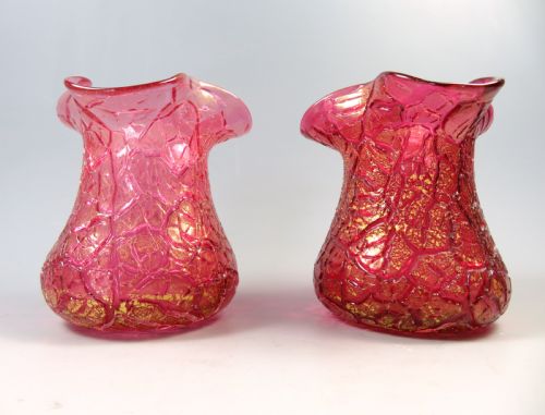 ANTIQUE PAIR LOETZ GLASS PINK MIMOSA VASES - ADDITIONAL PHOTO 1