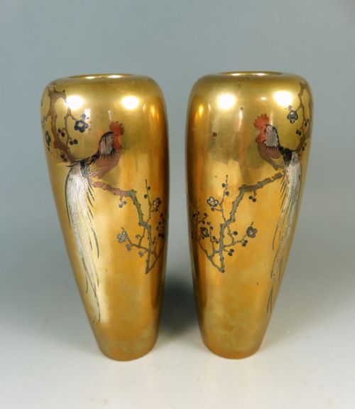 pair of japanese meiji period inlaid bronze cockerel vases by nogawa - CATEGORY: ANTIQUE VASES - DATED 1900