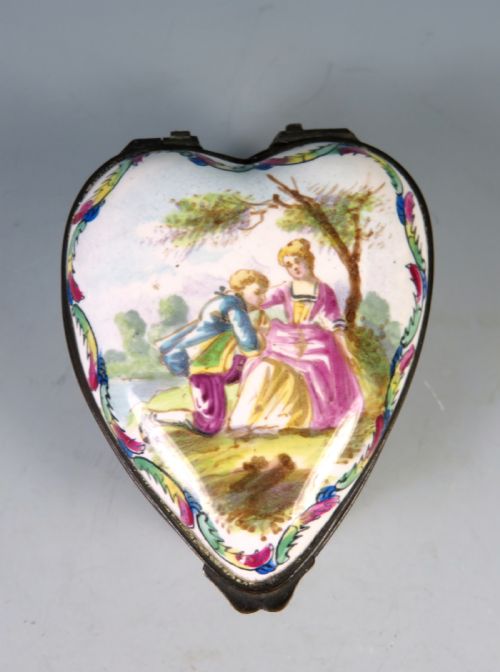 ANTIQUE HAND PAINTED ENAMEL HEART SHAPED BOX - ADDITIONAL PHOTO 1