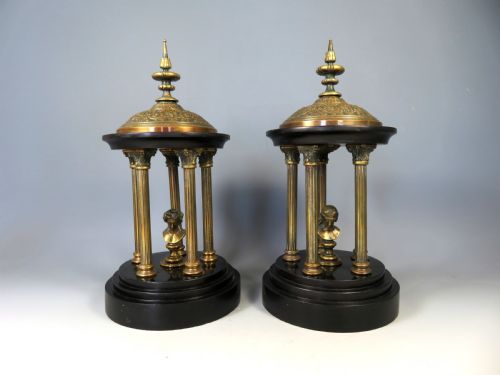 PAIR 19TH C GRAND TOUR BRONZE AND MARBLE TEMPLES - ADDITIONAL PHOTO 1