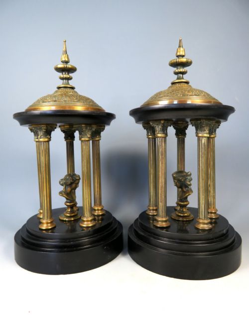 PAIR 19TH C GRAND TOUR BRONZE AND MARBLE TEMPLES - ADDITIONAL PHOTO 4
