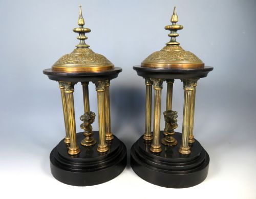 PAIR 19TH C GRAND TOUR BRONZE AND MARBLE TEMPLES - ADDITIONAL PHOTO 6