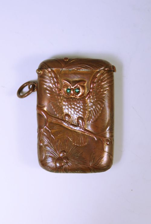 antique brass owl vesta case with inset eyes - CATEGORY: ANTIQUE MISCELLANEOUS - DATED 1880