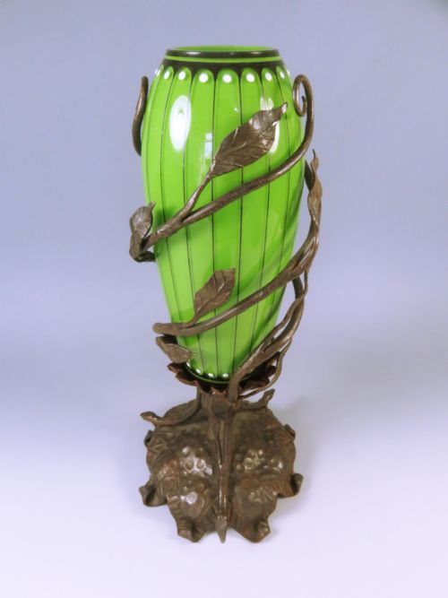 BOHEMIAN ART NOUVEAU GREEN GLASS VASE IN IRON MOUNT - ADDITIONAL PHOTO 1