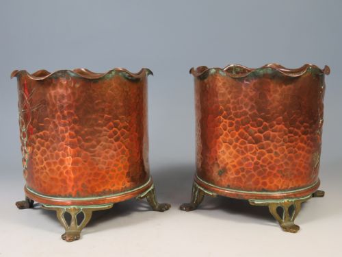 PAIR OF ARTS AND CRAFTS COPPER AND BRASS POTS BY CARL DEFFNER - ADDITIONAL PHOTO 1