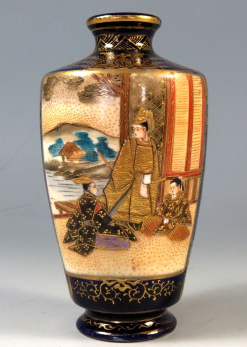 antique japanese satsuma vase cobalt blue signed - CATEGORY: ANTIQUE VASES - DATED 1900