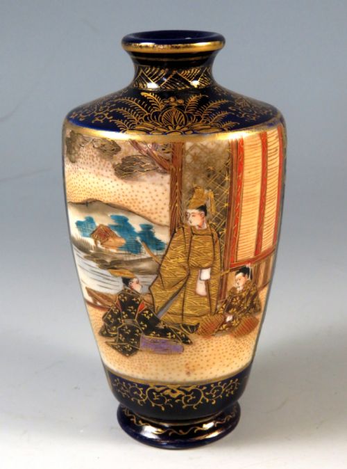 ANTIQUE JAPANESE SATSUMA VASE COBALT BLUE SIGNED - ADDITIONAL PHOTO 1