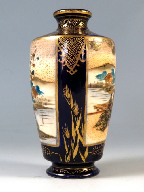 ANTIQUE JAPANESE SATSUMA VASE COBALT BLUE SIGNED - ADDITIONAL PHOTO 3