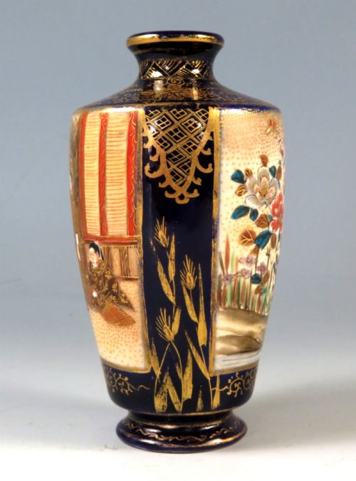 ANTIQUE JAPANESE SATSUMA VASE COBALT BLUE SIGNED - ADDITIONAL PHOTO 7