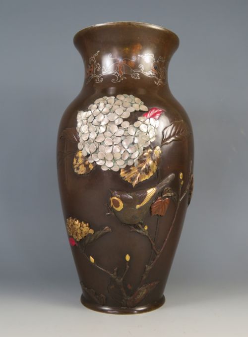 JAPANESE ONLAID BRONZE MIXED METAL VASE AFTER SUZUKI CHOKICHI - ADDITIONAL PHOTO 2