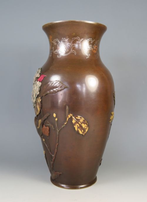 JAPANESE ONLAID BRONZE MIXED METAL VASE AFTER SUZUKI CHOKICHI - ADDITIONAL PHOTO 3