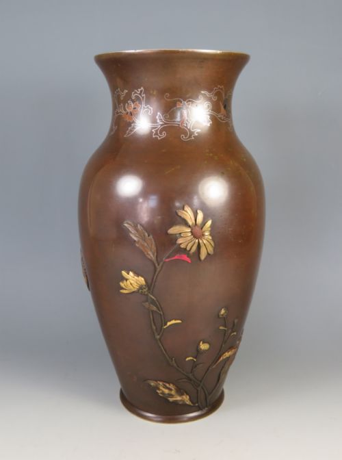 JAPANESE ONLAID BRONZE MIXED METAL VASE AFTER SUZUKI CHOKICHI - ADDITIONAL PHOTO 4