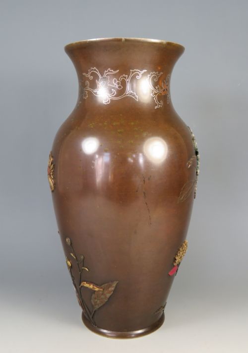 JAPANESE ONLAID BRONZE MIXED METAL VASE AFTER SUZUKI CHOKICHI - ADDITIONAL PHOTO 5