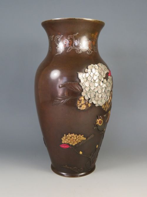 JAPANESE ONLAID BRONZE MIXED METAL VASE AFTER SUZUKI CHOKICHI - ADDITIONAL PHOTO 6