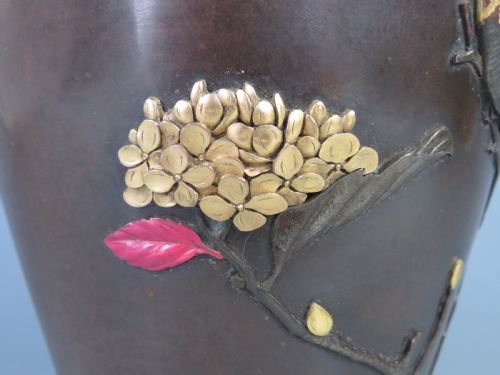 JAPANESE ONLAID BRONZE MIXED METAL VASE AFTER SUZUKI CHOKICHI - ADDITIONAL PHOTO 9