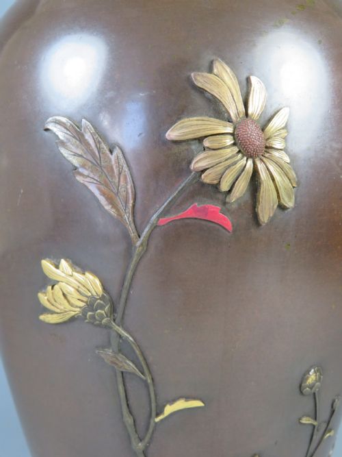 JAPANESE ONLAID BRONZE MIXED METAL VASE AFTER SUZUKI CHOKICHI - ADDITIONAL PHOTO 14