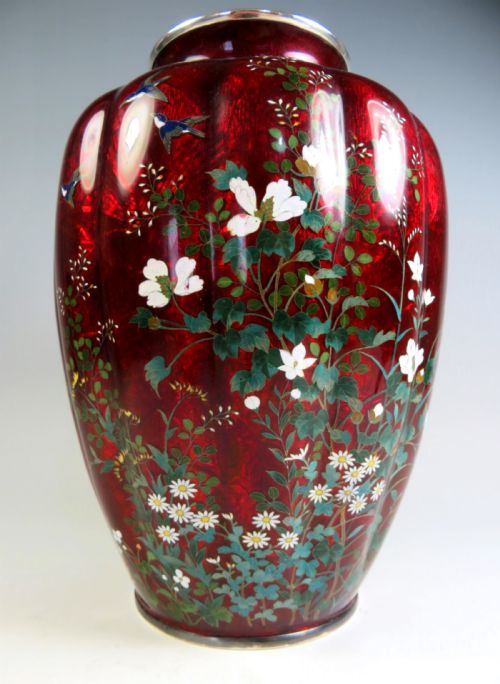 ANTIQUE JAPANESE LOBED CLOISONNE ENAMEL SILVER VASE - ADDITIONAL PHOTO 1