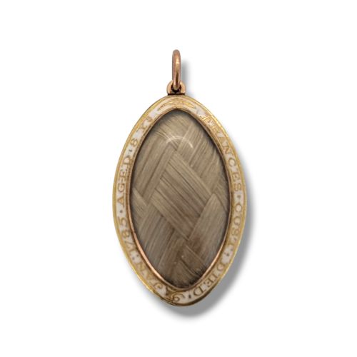 A GEORGIAN NAVETTE SHAPED SEED PEARL PURPLE ENAMEL MOURNING PENDANT - ADDITIONAL PHOTO 1