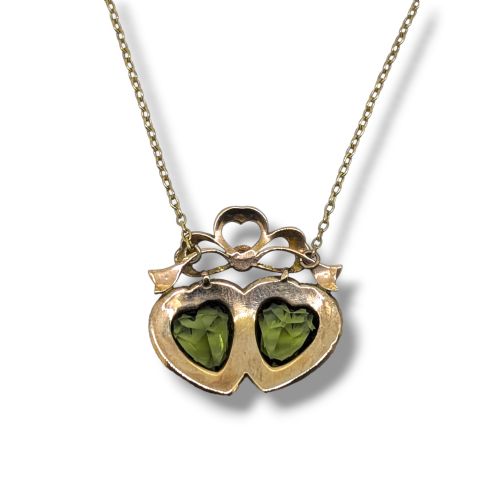 EDWARDIAN GREEN PASTE SEED PEARL DOUBLE HEART PENDANT - ADDITIONAL PHOTO 1