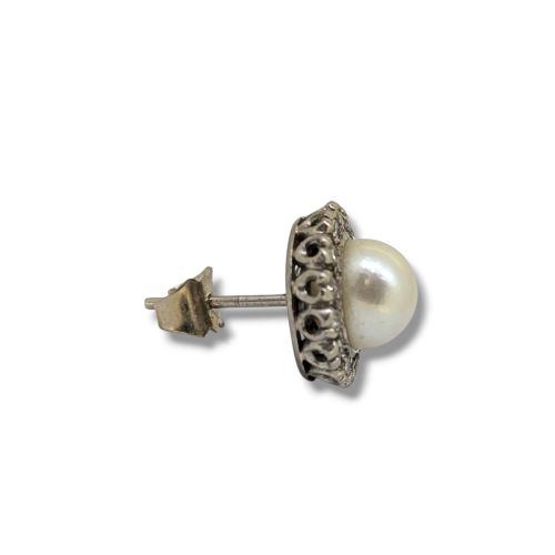 VINTAGE 18 CARAT WHITE GOLD CULTURED PEARL DIAMOND CLUSTER EARRINGS - ADDITIONAL PHOTO 2