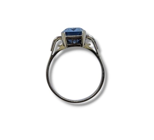ART DECO PLATINUM GOLD AQUAMARINE SINGLE STONE RING - ADDITIONAL PHOTO 2