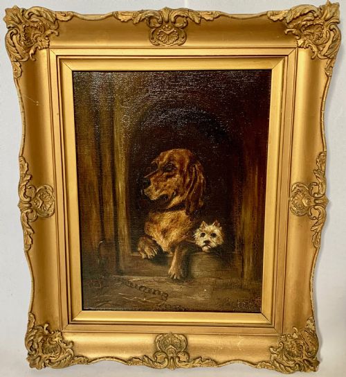 Antique oil on canvas painting of Dogs signed.