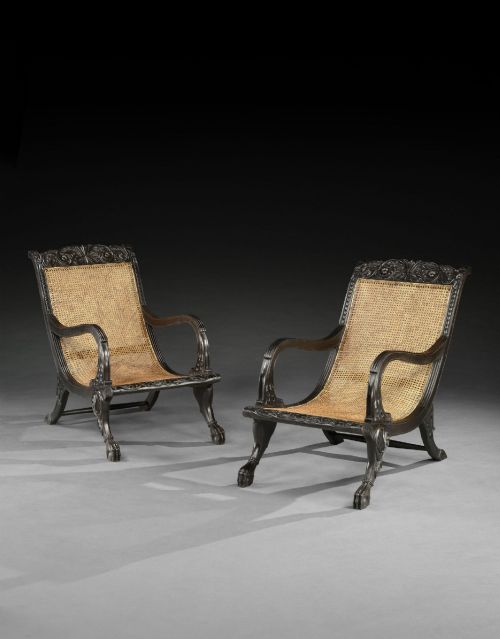 A Pair of Ceylonese Ebony Armchairs Chairs