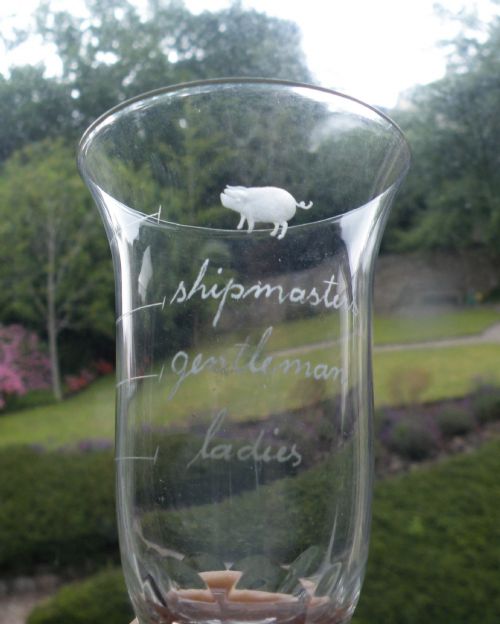 AN EDWARDIAN AMUSING AND RARE SET OF 8 TOASTING GLASSES WITH ENGRAVING