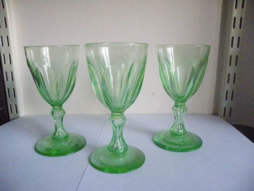 THREE 19th CENTURY VASELINE GREEN GLASS WINE GLASSES