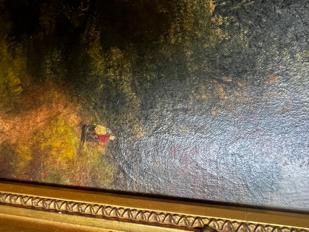 A Victorian landscape oil painting on canvas depicting a double-arch stone bridge over a river surrounded by trees, set inside an ornate gilt frame. View II