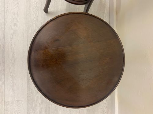 fig 2. A non-matching pair of dark brown mahogany plant stands featuring circular tops, lower undertiers, and curved legs.