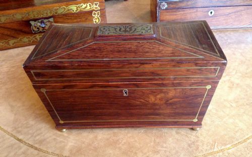 regency rosewood brass inlaid tea caddy - CATEGORY: ANTIQUE BOXES - DATED 1800