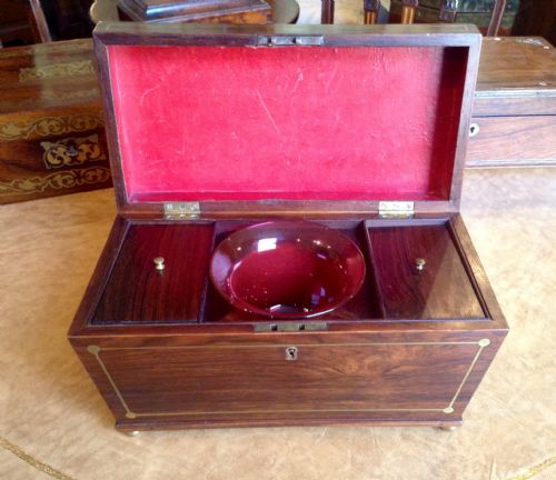 REGENCY ROSEWOOD BRASS INLAID TEA CADDY - ADDITIONAL PHOTO 1