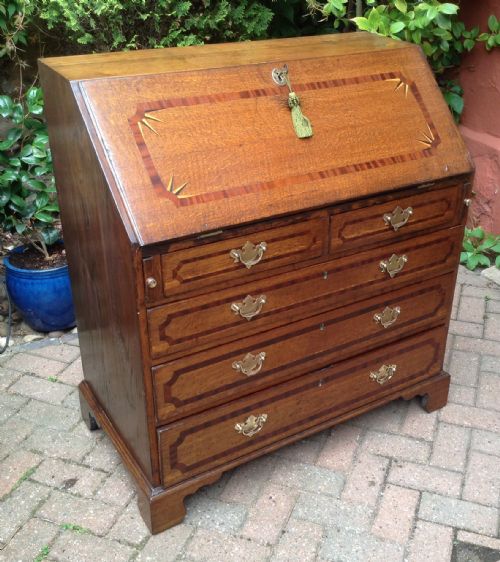 rare georgian inlaid oak bureau - CATEGORY: ANTIQUE BUREAU - DATED 1750