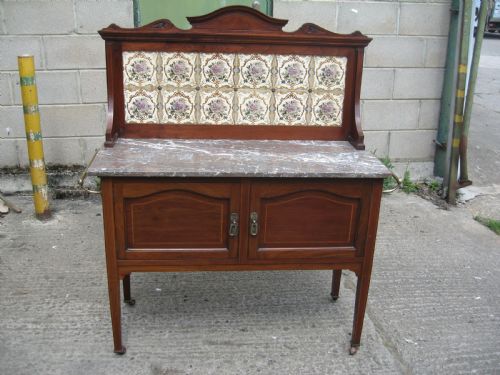 Edwardian Inlaid Mahogany Marble and Tile Back Washstand