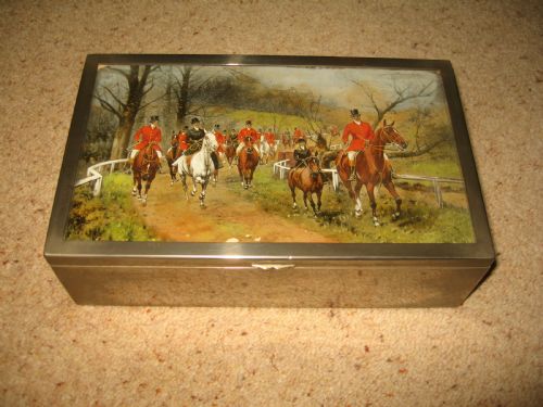 White Metal  Box with Horse and Hounds  Scene