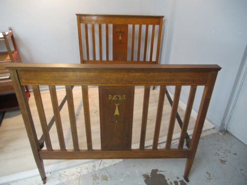 Edwardian Period Oak Double Bed Head   and Foot  / Side Irons