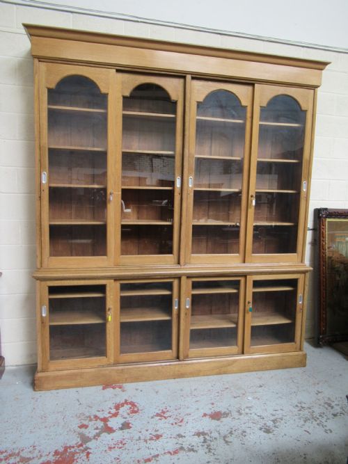 Large Light Oak Bookcase  with Sliding Glass Doors